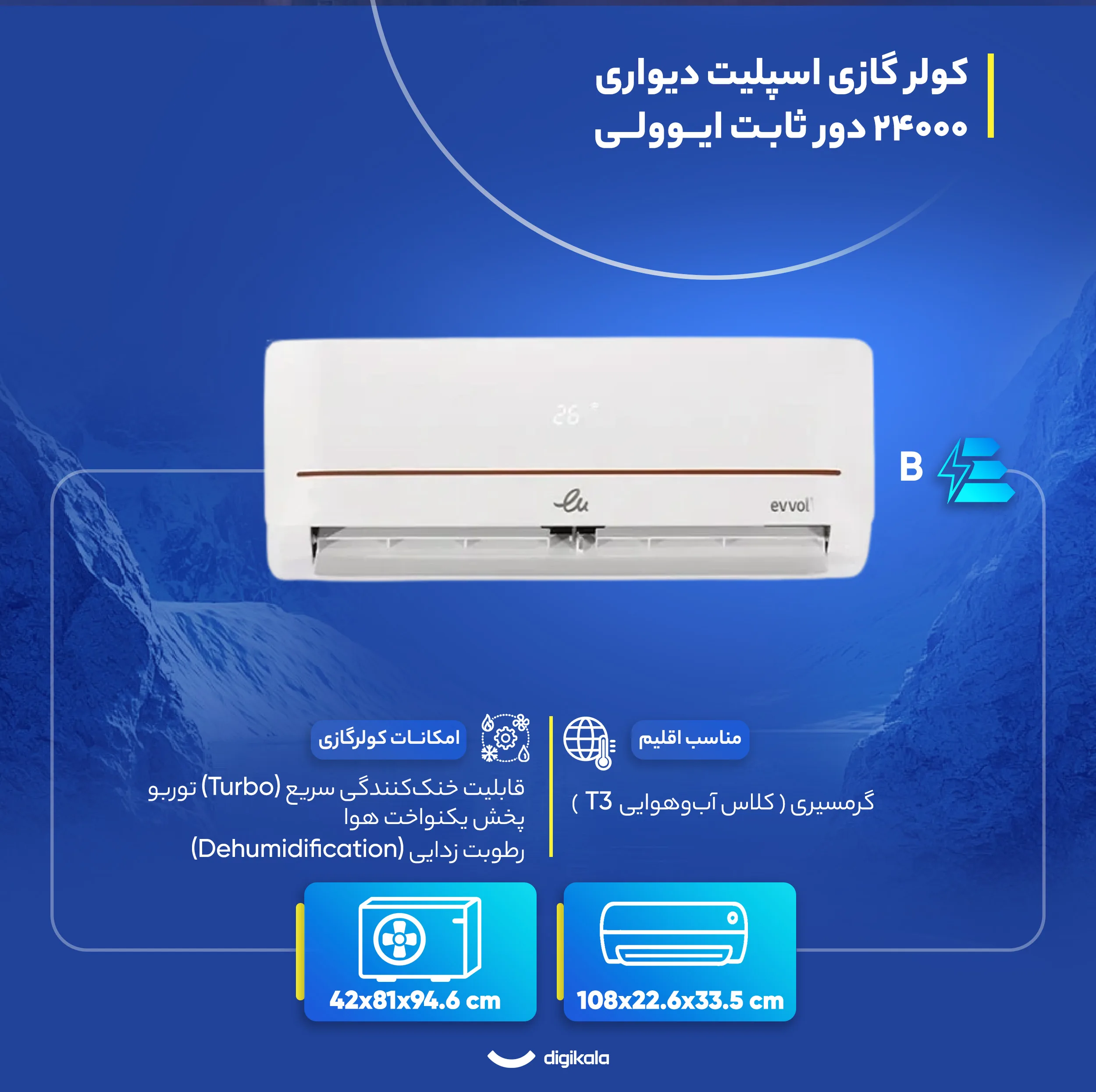 کولر گازی اسپلیت دیواری 24000 دور ثابت ایوولی مدل EVT3-24K-MD