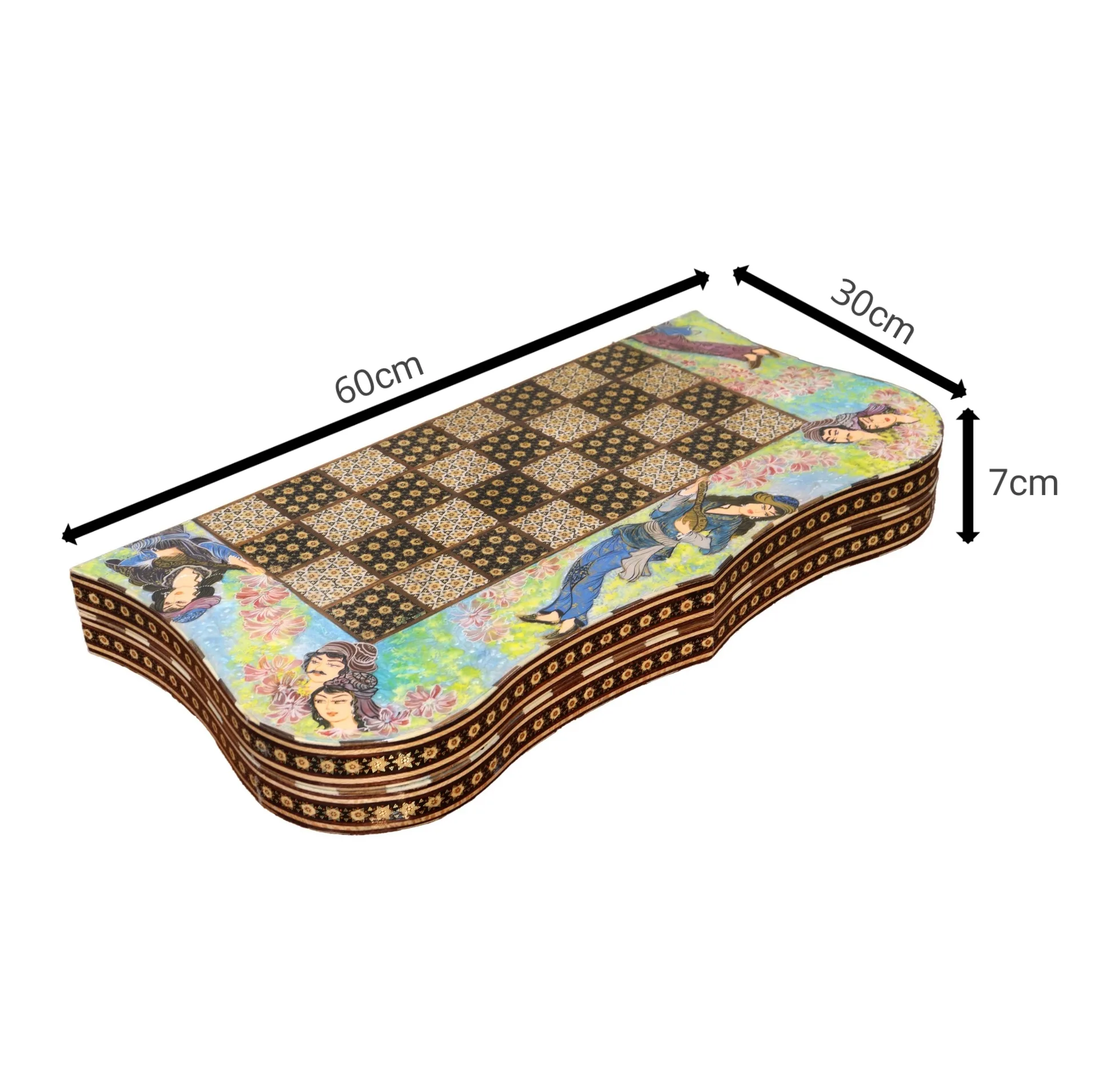 صفحه شطرنج خاتم کاری چوبی صنایع دستی فاخر مدل دو منظوره دالبری طرح دختر شاه پریان کد ChessBoard60p60