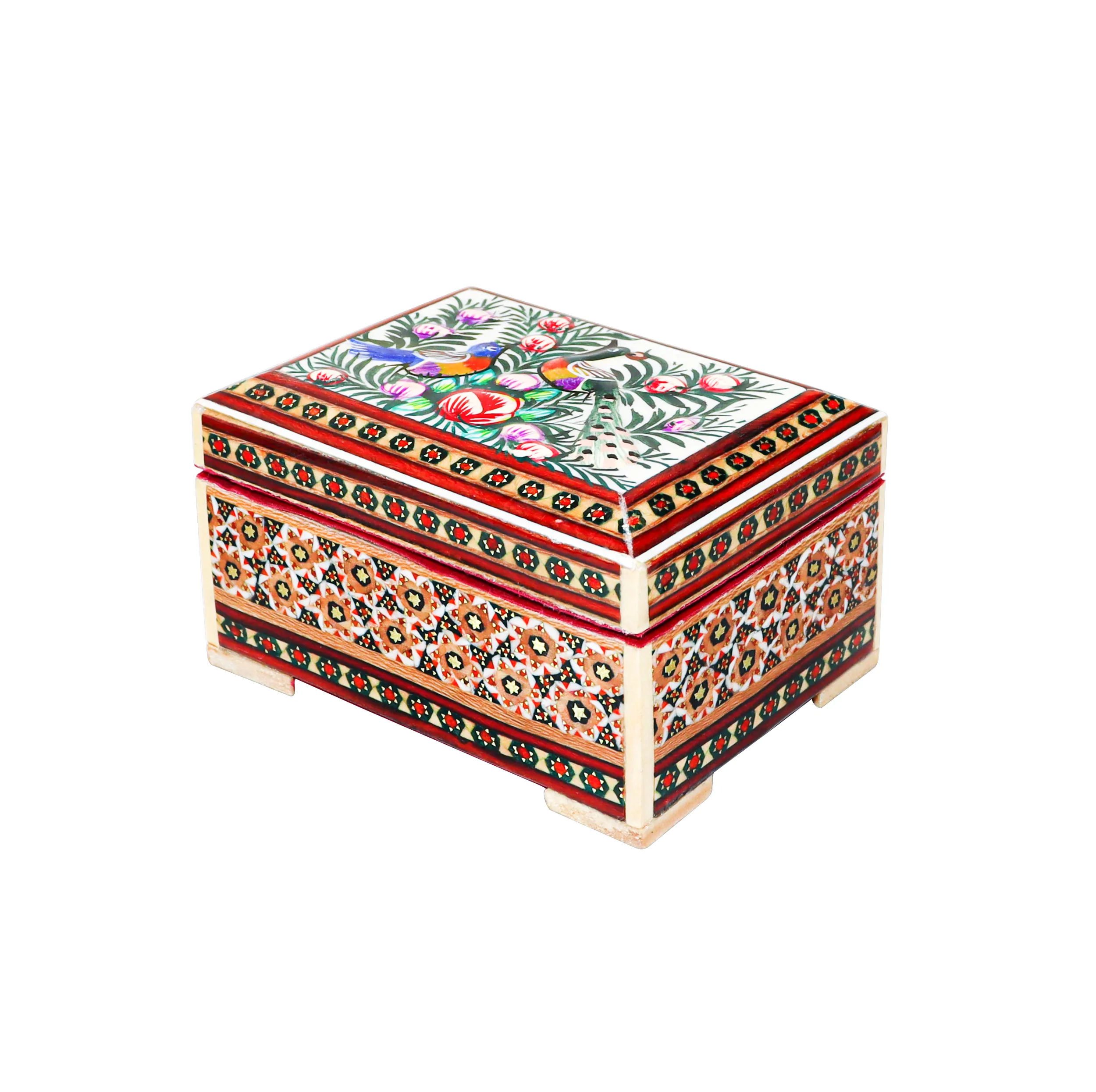 جعبه جواهرات خاتم کاری مدل مینیاتور برجسته طرح گل و مرغ کد MQ1186Gr