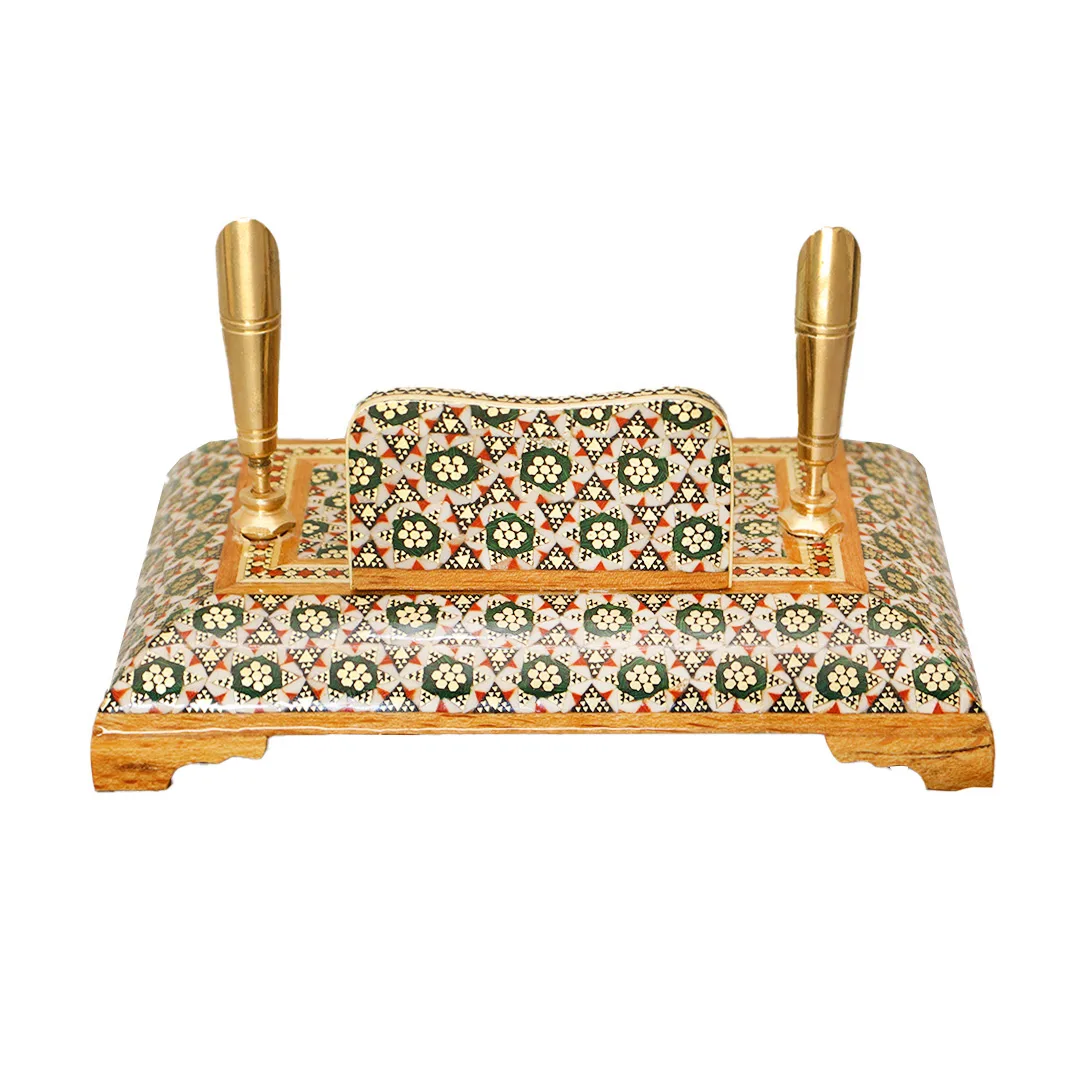 قلمدان خاتم کاری چوبی صنایع دستی فاخر مدل اداری طرح هفت شمسه کد 7sun15p10