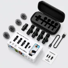 میکروفون حرفه‌ای بی‌سیم مدل T90 4MIC با درگاه تایپ سی و لایتنینگ و 4 میکروفون