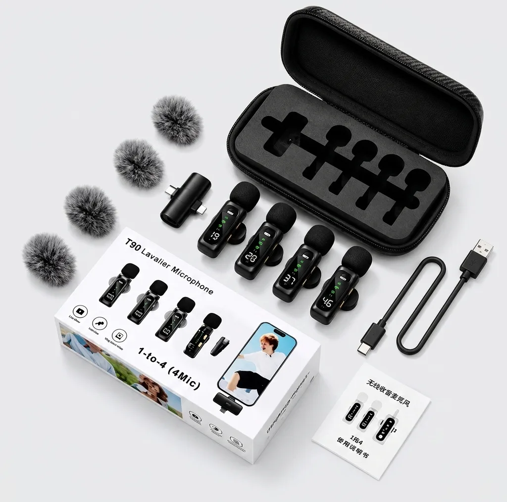 میکروفون حرفه‌ای بی‌سیم مدل T90 4MIC با درگاه تایپ سی و لایتنینگ و 4 میکروفون