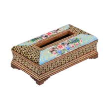 جعبه دستمال کاغذی خاتم کاری چوبی فراز هنر مدل نقاشی گل و مرغ کد 2