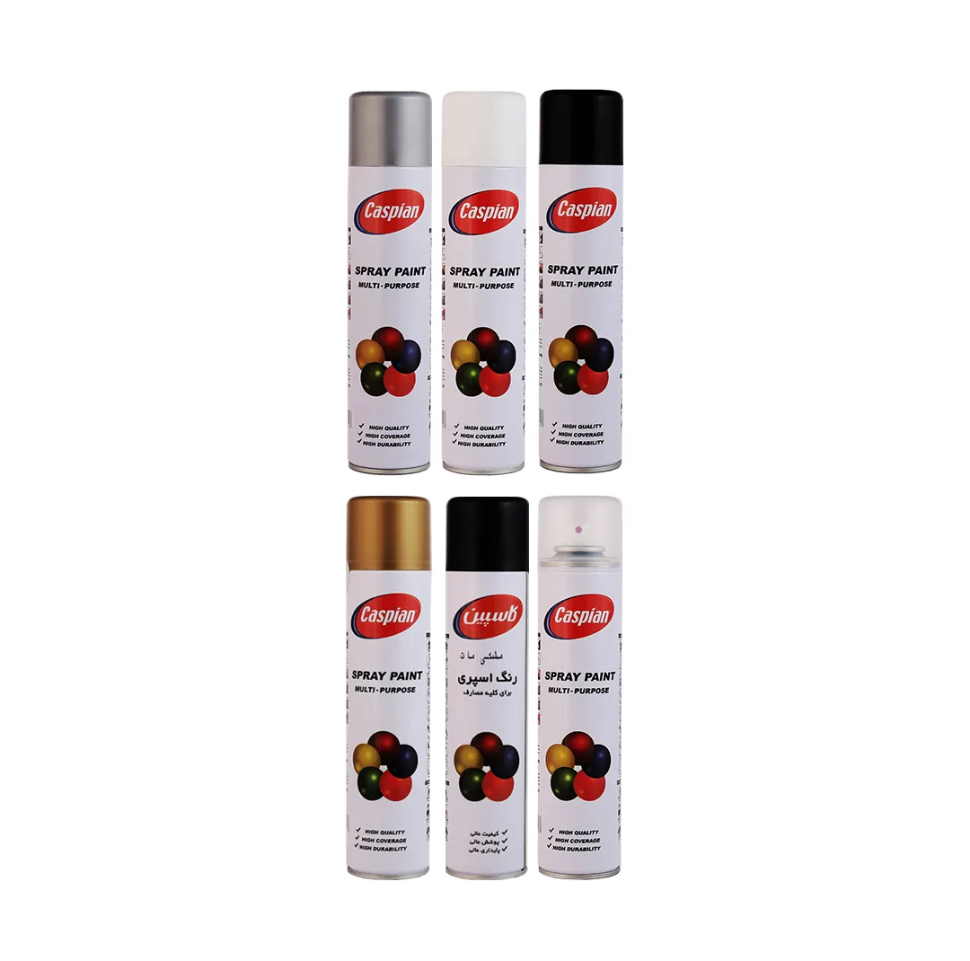 اسپری رنگ مشکی مات و براق، طلایی، نقره ای،سفید براق، کلرشفاف کاسپین مدل cas6 حجم 300 میلی لیتر