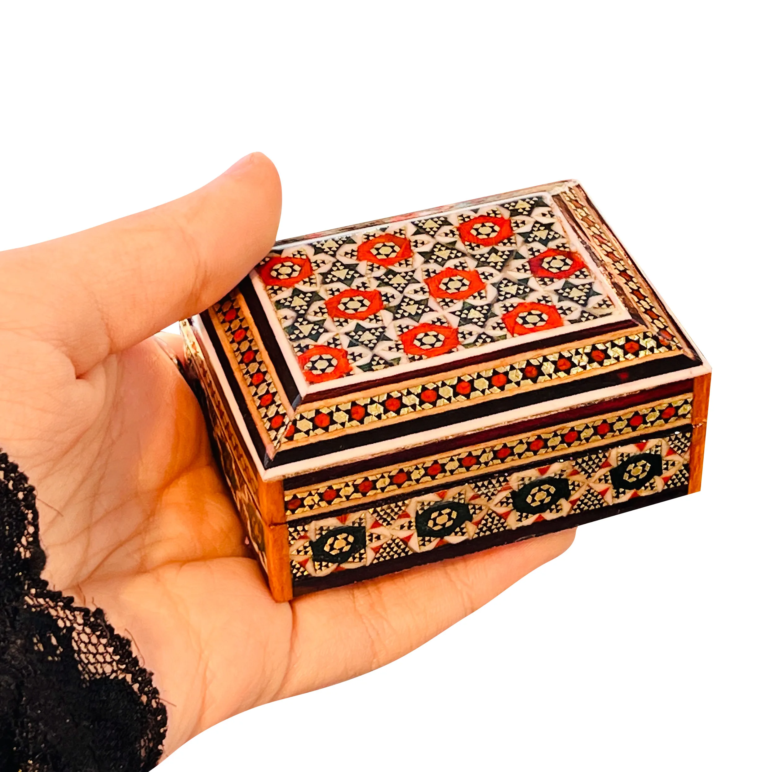 جا سکه ای خاتم کاری چوبی صنایع دستی فاخر مدل درب دار ممتاز طرح خورشیدی کد HQRdRect7p5