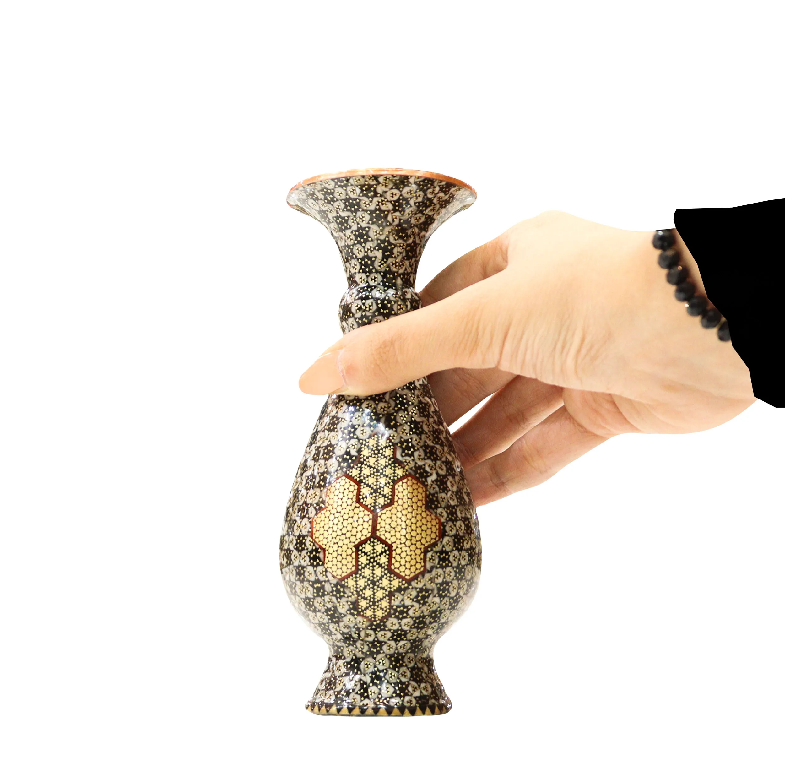 گلدان خاتم کاری مسی صنایع دستی فاخر مدل صراحی طرح پرسیم کد PHQDkGr-Vase16p5 بسته 2 عددی
