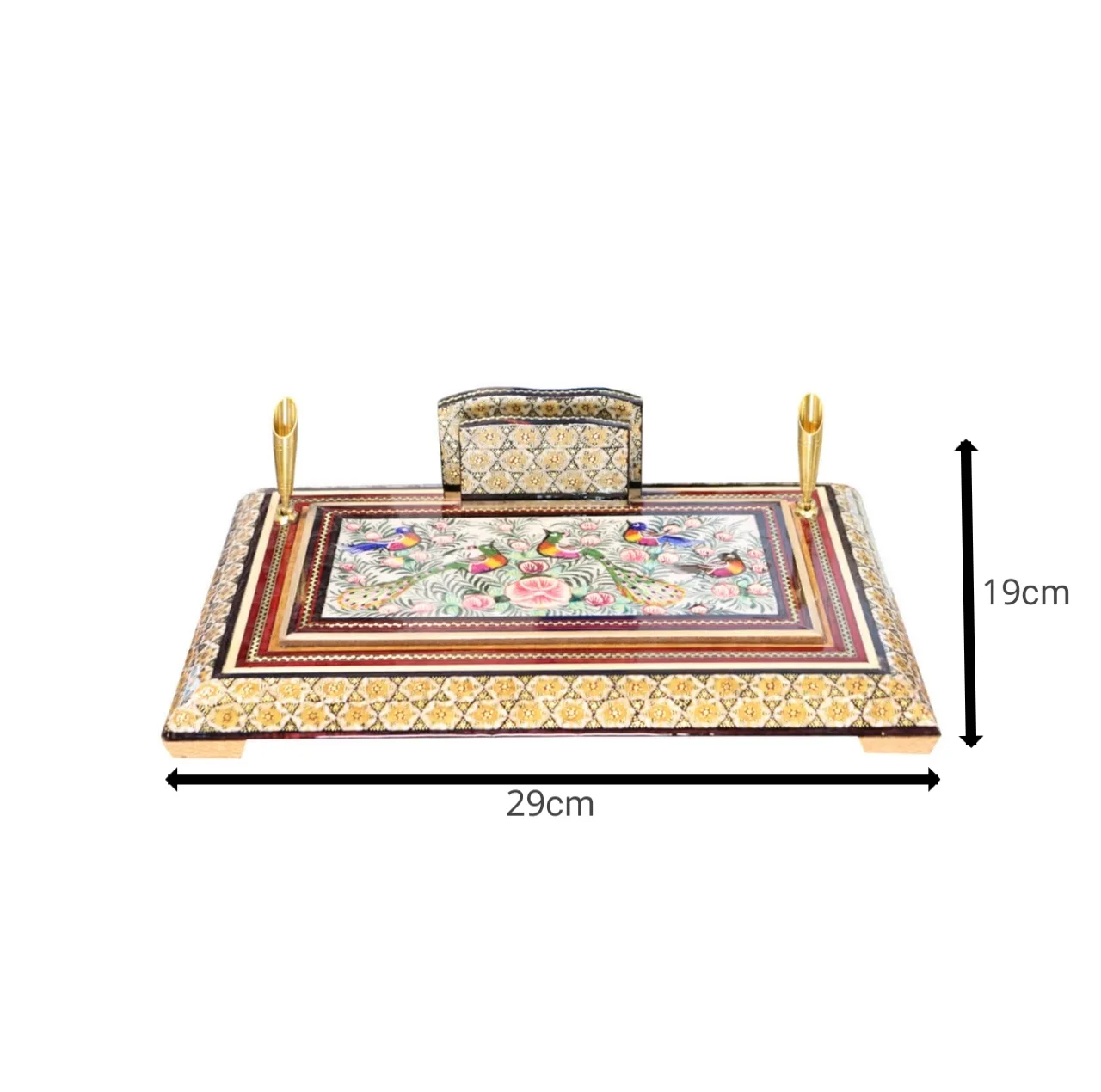 قلمدان خاتم کاری چوبی صنایع دستی فاخر مدل اداری طرح گل و مرغ برجسته کد Gr30p20-4f4