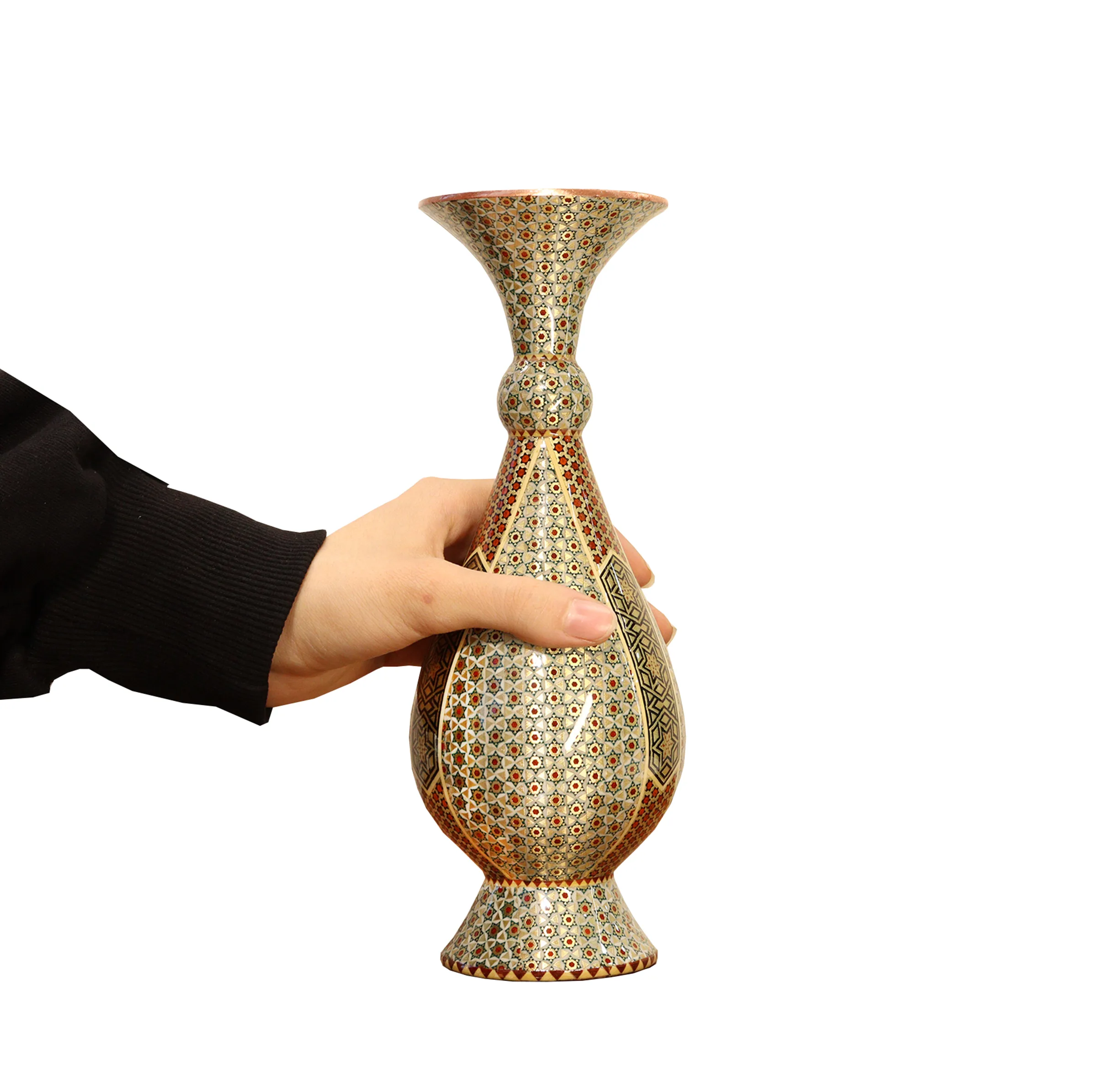 ست 3 تکه شکلات خوری و گلدان خاتم کاری مسی صنایع دستی فاخر مدل تمام خاتم طرح نفیس کد HQ252925