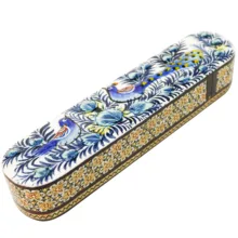 قلمدان خاتم کاری صنایع دستی فاخر مدل کشویی طرح گل و مرغ برجسته کد e30p5p5