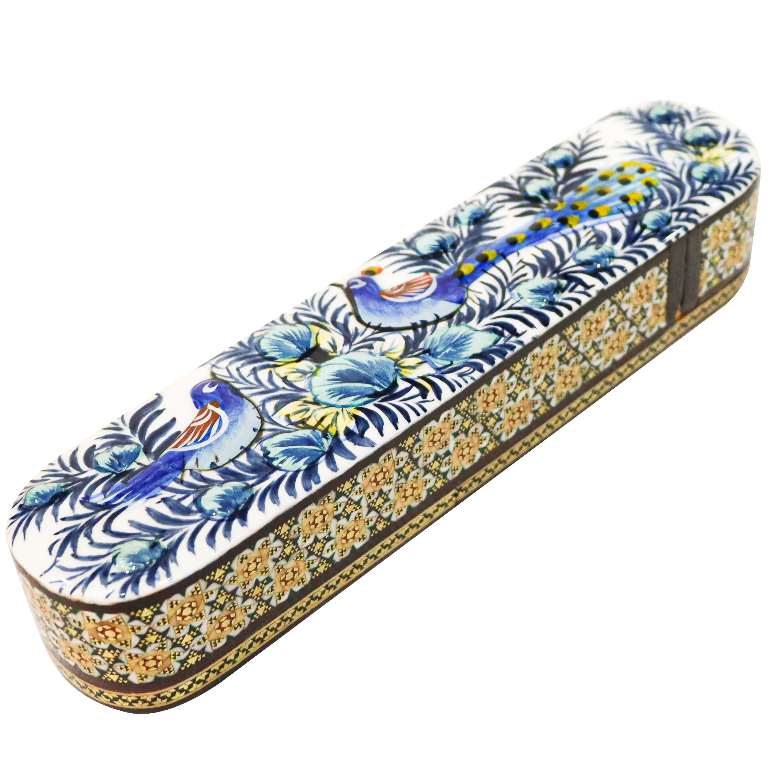 قلمدان خاتم کاری صنایع دستی فاخر مدل کشویی طرح گل و مرغ برجسته کد e30p5p5