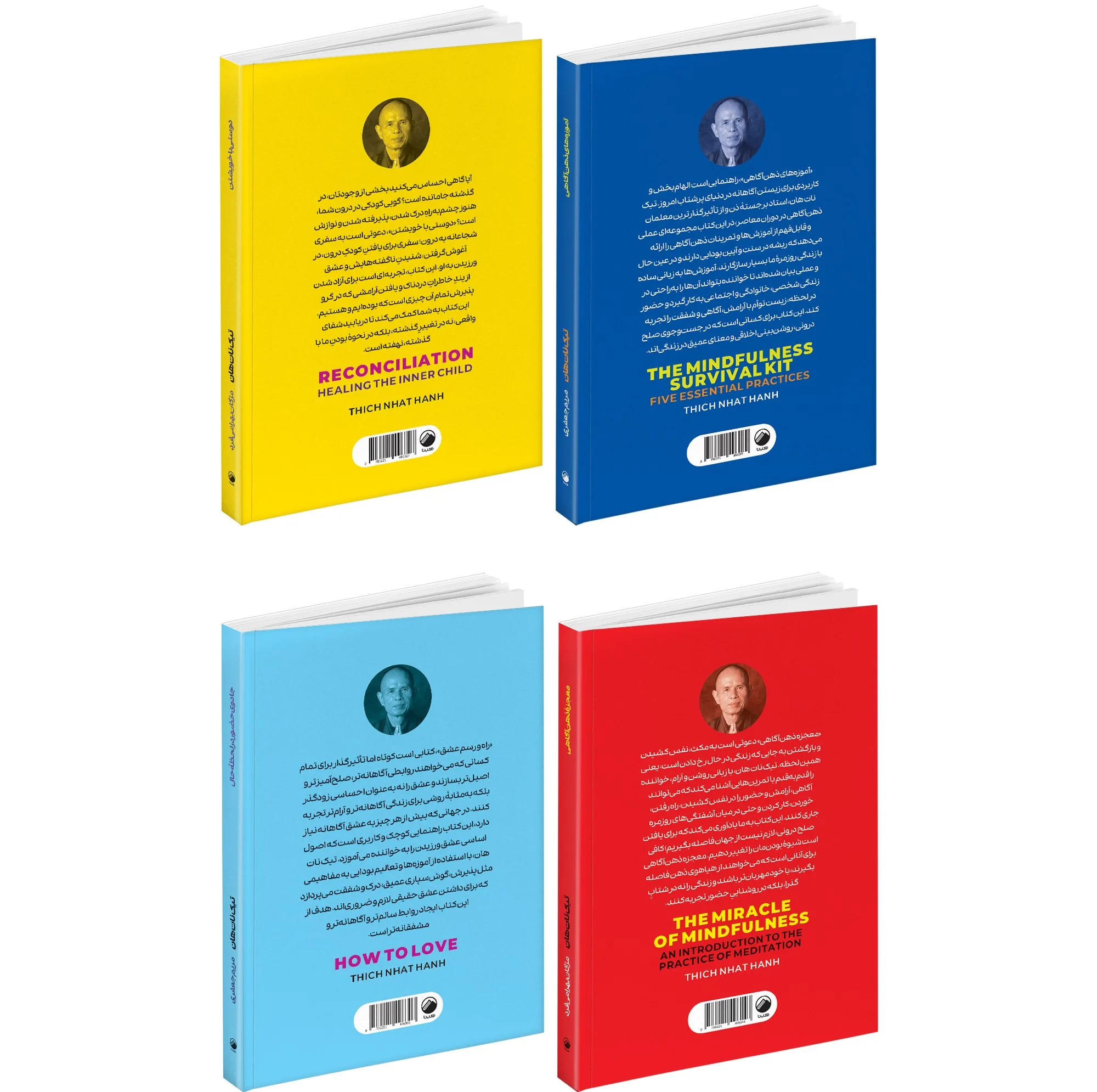 کتاب دوستی با خویشتن و راه و رسم عشق و معجزه ذهن آگاهی و آموزه های ذهن آگاهی اثر تیک نات هان ترجمه مژگان بهرامی فرد و مریم جعفری انتشارات هیتا 4 جلدی