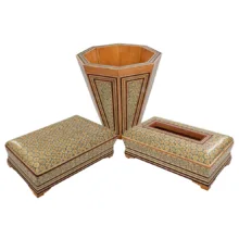ست جعبه دستمال کاغذی و جعبه کارد و چنگال و سطل خاتم کاری کد 01